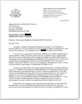 Click For Larger View  - ITAR Letter